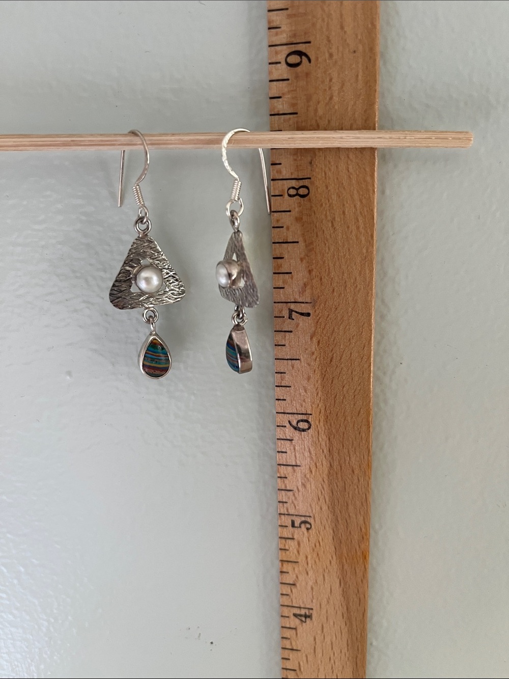 Sterling Silver Pearl and Rainbow Calsilica Drop Dangle Earrings - Picture 6 of 6
